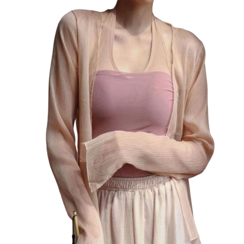 Áo Khoác Cardigan Tay Loe Dài Bằng Lụa Lạnh Mỏng Nhẹ Che Phủ Phía Trước Cho Nữ