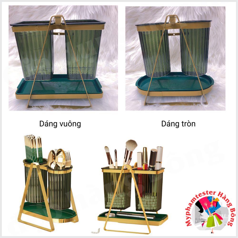 Giá đôi cắm thìa đũa, cọ trang điểm, ống bút xanh sọc để bàn hoặc dán tường siêu chắc
