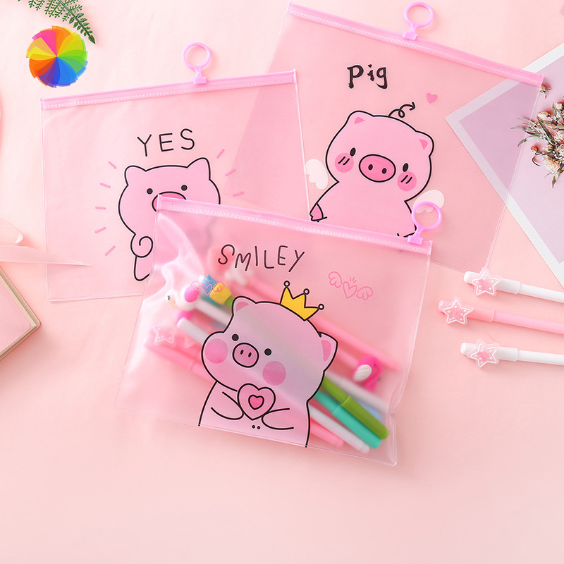 Túi đựng đồ dùng văn phòng trong suốt in hình heo hồng