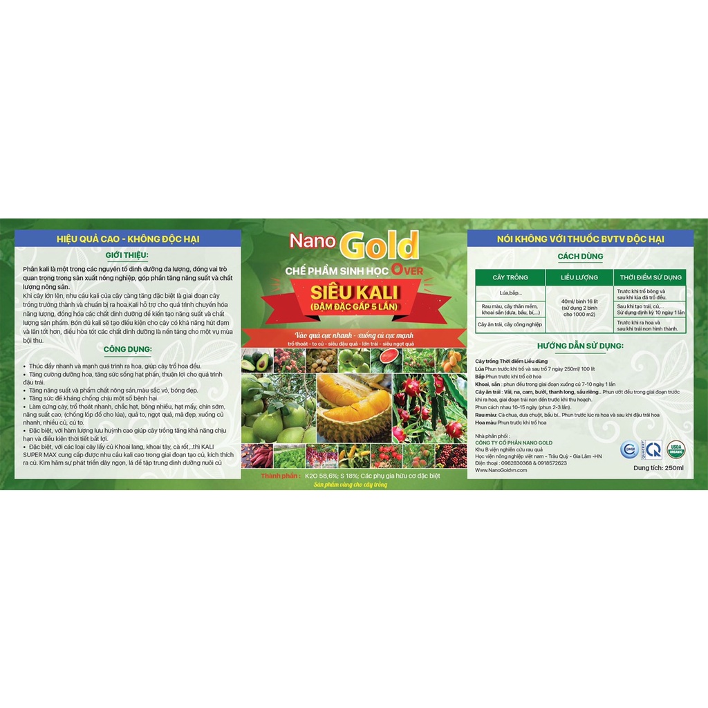 Siêu Kali Chế Phẩm Sinh Học Over Chế Phẩm Nano Gold lọ 250ml