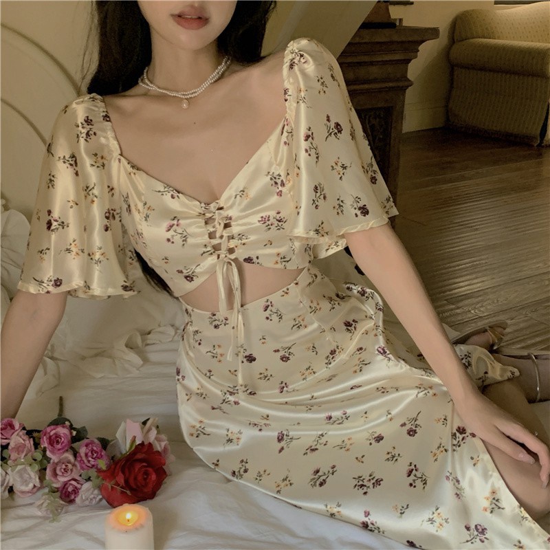 Đầm Tay Ngắn Phồng Cổ Vuông In Họa Tiết Hoa Nhí Xinh Xắn Thời Trang Xuân Hè Cho Nữ | BigBuy360 - bigbuy360.vn