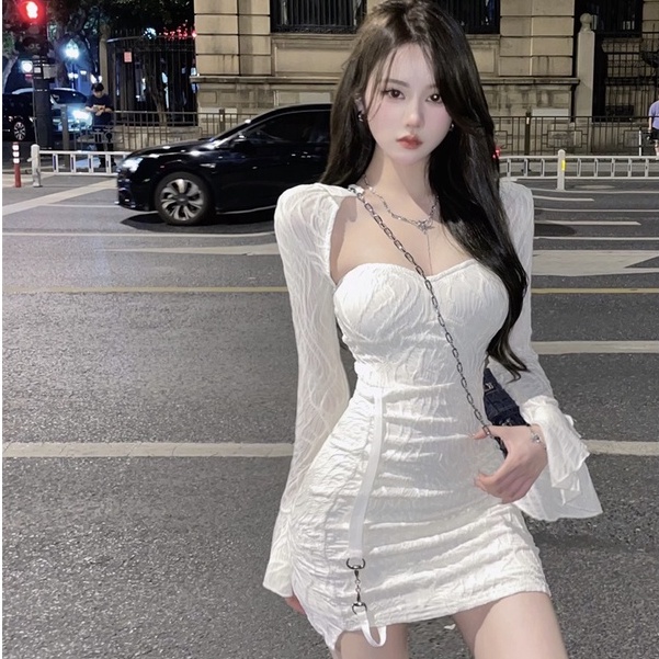 Đầm Nữ Tay Dài Cổ Chữ V Ôm Sát Quyến Rũ Phong Cách Hàn Quốc Mới