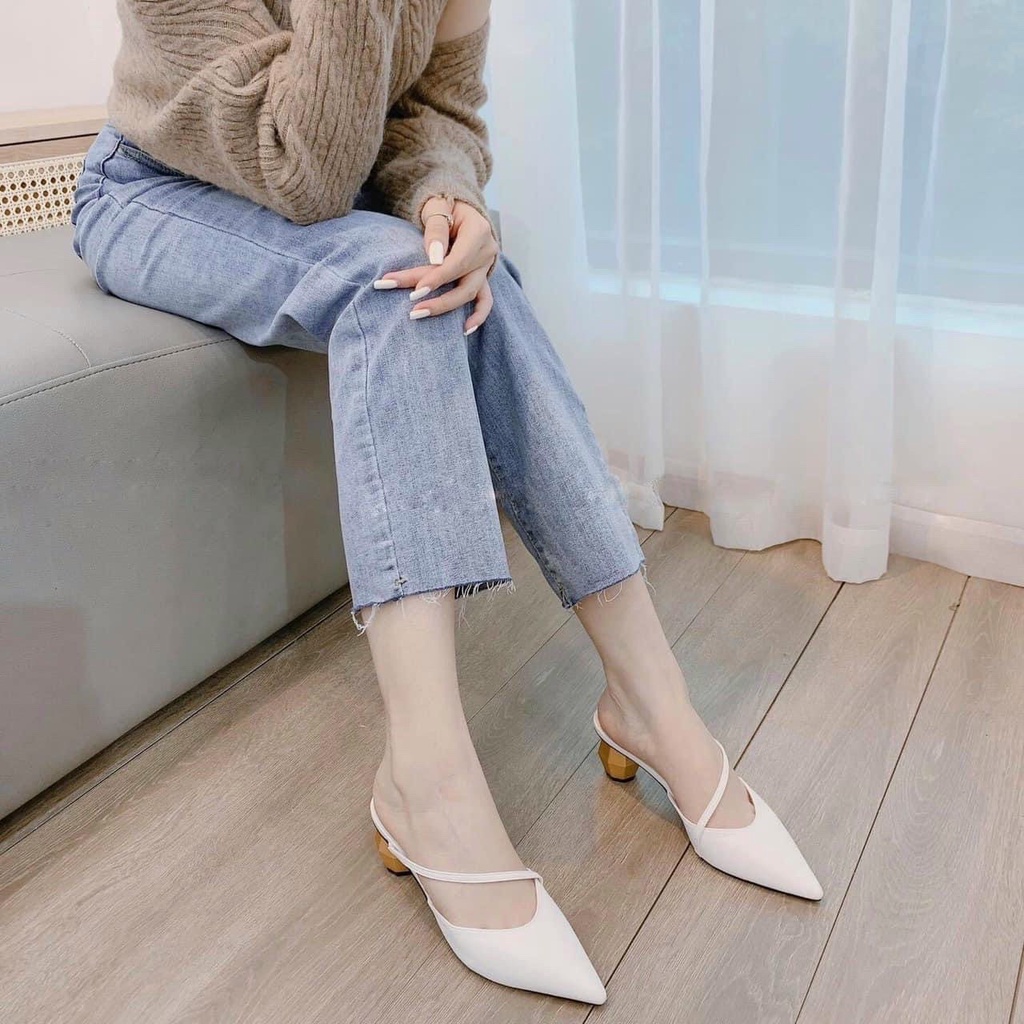 Sục nữ mũi nhọn sục thời trang quai chéo da trơn lì gót cách điệu sang chảnh