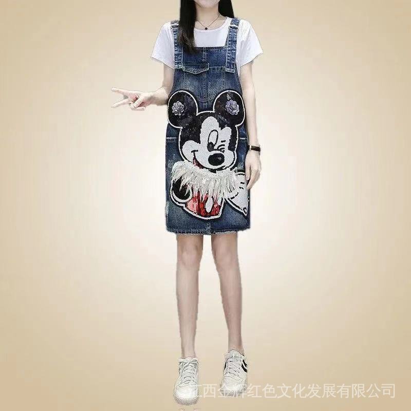 Đầm Yếm Denim Đính Kim Sa Hình Chuột Mickey Hoạt Hình Dễ Thương Thời Trang Mùa Hè Phong Cách Châu Âu Cho Nữ
