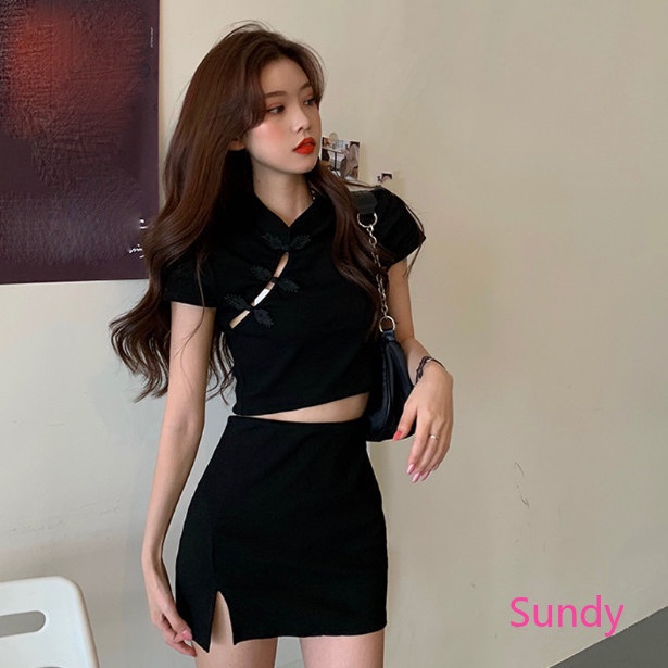 Set Áo Sườn Xám Ngắn Tay Và Chân Váy Xẻ Tà Phong Cách Cổ Điển Dành Cho Nữ