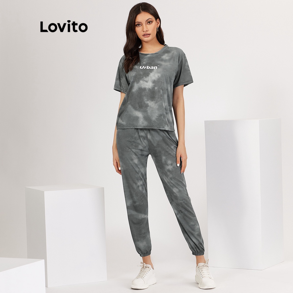 Set quần Lovito đai chun họa tiết chữ cái nhuộm màu loang mặc thường ngày L18X257 (Màu xám)