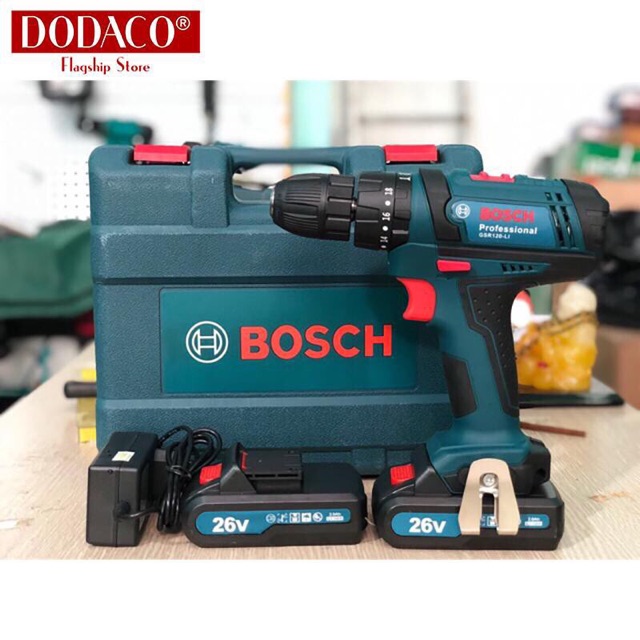 Máy khoan pin cầm tay BOSCH 26V máy vặn vít có 2 pin có búa DODACO DCT0008