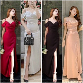 Đầm váy body dạ hội lụa 2 dây rớt vai cổ đổ xẻ tà