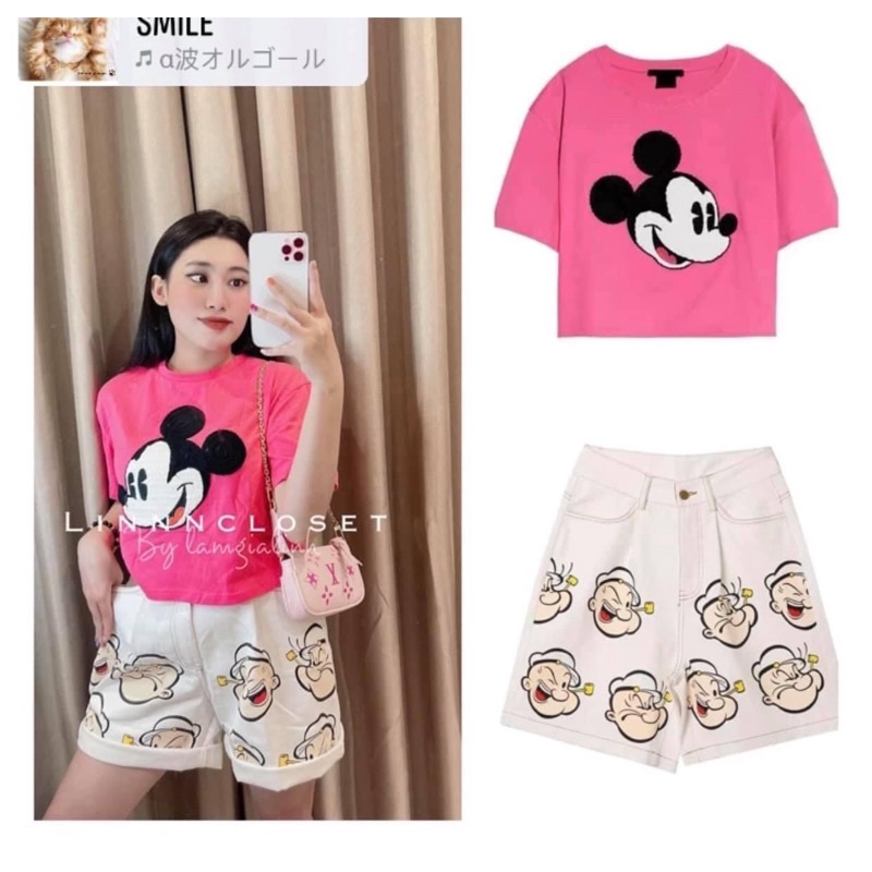 set mickey hồng sen mĩc sooc kaki