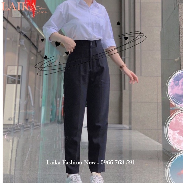 Quần tây baggy đi học nữ lưng cao cạp có đai màu xanh đen dáng dài - Quần baggy vải học sinh dày co giãn nhẹ mặc đi học