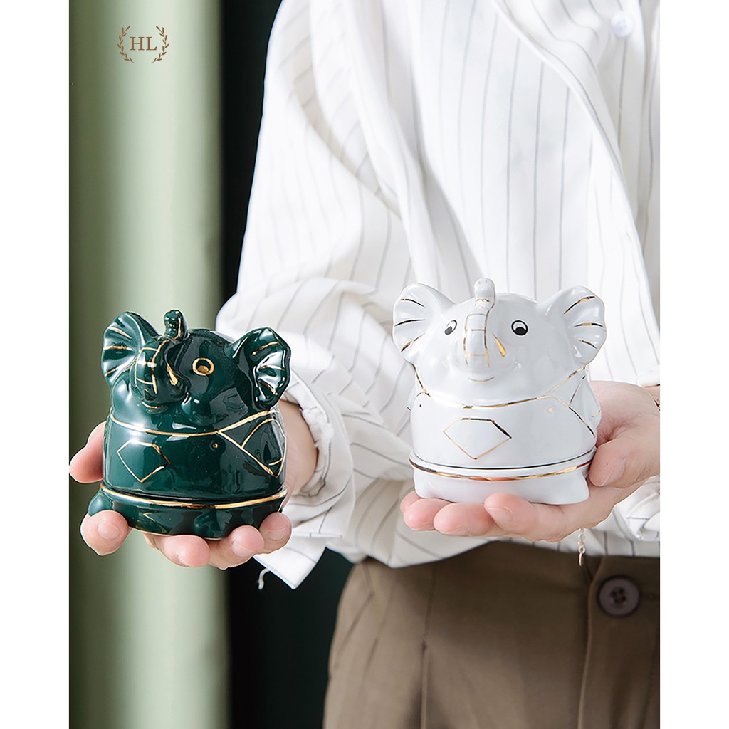 TĂM SỨ | GẠT TÀN SỨ | SET TĂM GẠT TÀN SỨ TẠO HÌNH CON VOI KẺ VÀNG KIM CAO CẤP | Hũ đựng tăm chất liệu sứ