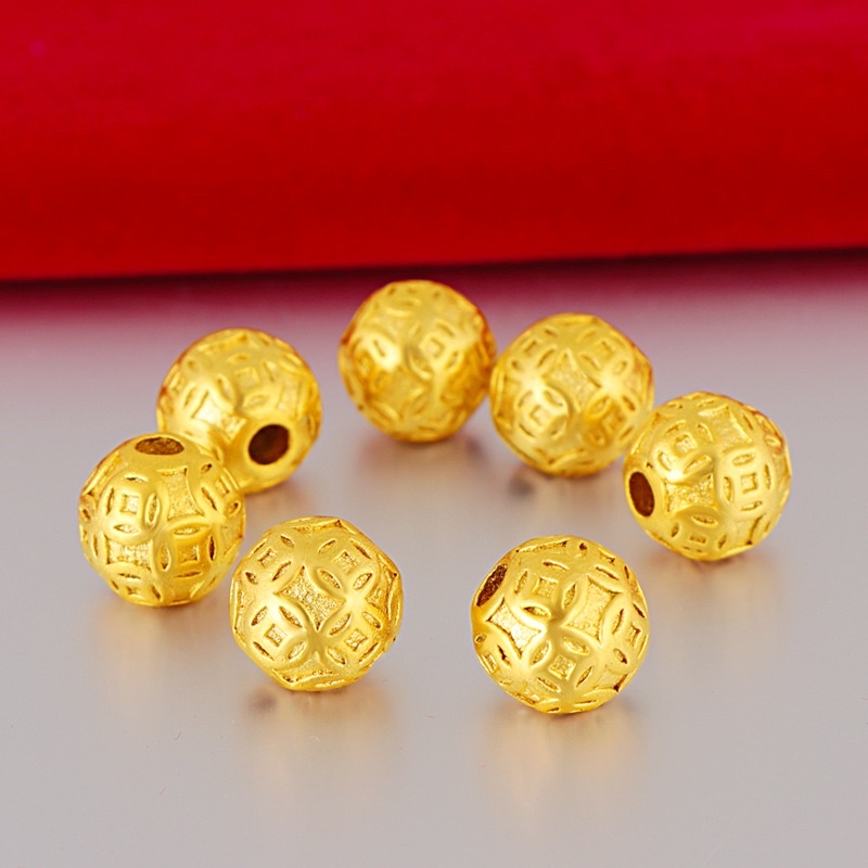Bi Kim Tiền hoa văn nổi Vàng &amp; Bạc - 3 kích thước 8mm 10mm 12mm  - Charm Phụ kiện xâu vòng tay phong thủy may mắn Nam Nữ
