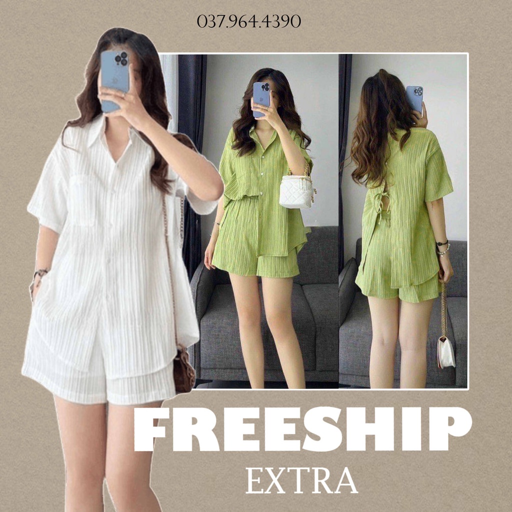 SQ029 Bộ áo sơmi hở lưng dây buộc tùy chỉnh Sét cộc tay kèm quần short chất đũi gân mềm mịn