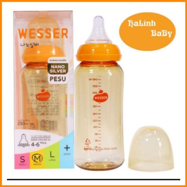 Bình sữa Wesser  Pesu Nano 250ml là sự kết hợp giữa Núm vú wesser cổ hẹp