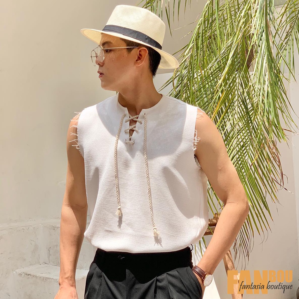 Áo Nam Sát Nách Tanktop Cổ V Có Dây Thắt