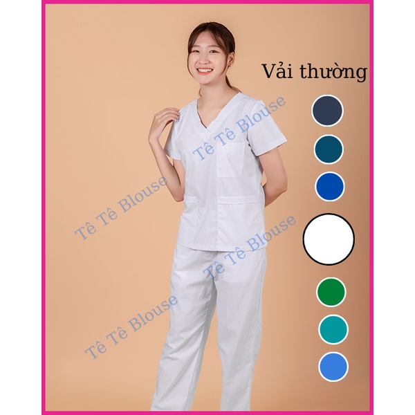 Bộ SCRUBS cổ tim phòng mổ, đồng phục phẫu thuật, Spa, phòng khám, màu TRẮNG, chất vải LON mỏng mặc mát
