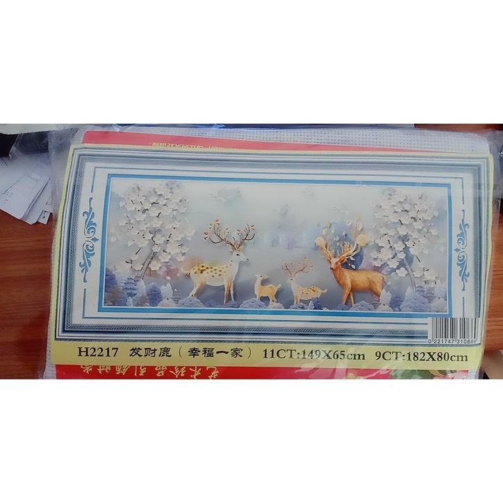 TRANH THÊU CHỮ THẬP THÊU KÍN HƯƠU NAI TÀI LỘC H2217 (149X65)