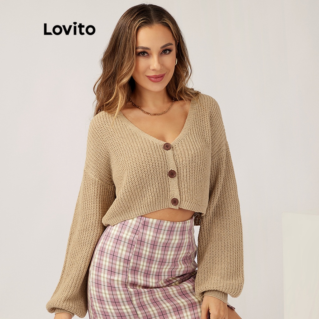 Lovito Áo len trơn có nút L21LT091 (Kaki)