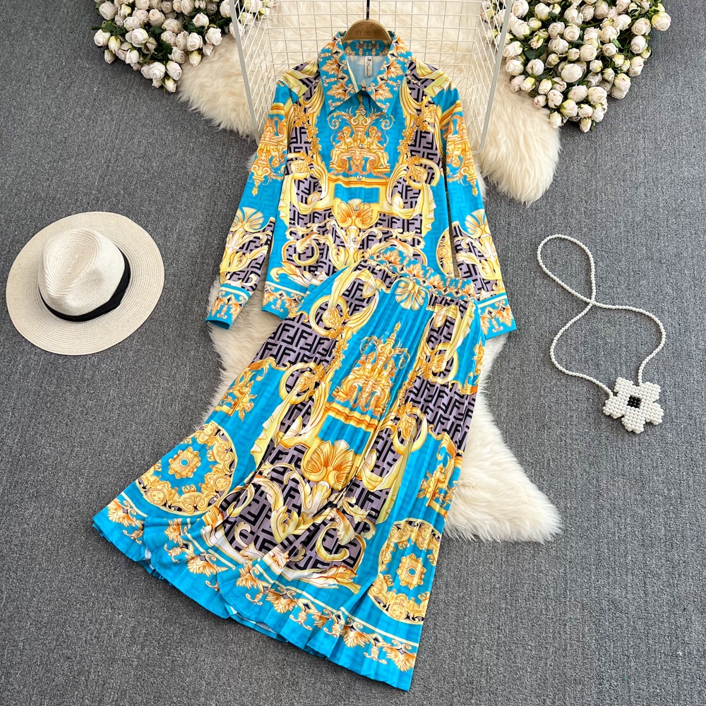 #2286  Set áo sơ mi tay dài + chân váy dài xếp ly dài có size