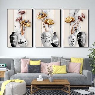 Tranh treo tường canvas 3D lọ sen vàng decor trang trí phòng khách và phòng ngủ có khung cao cấp bộ 3 bức khổ lớn 40x60