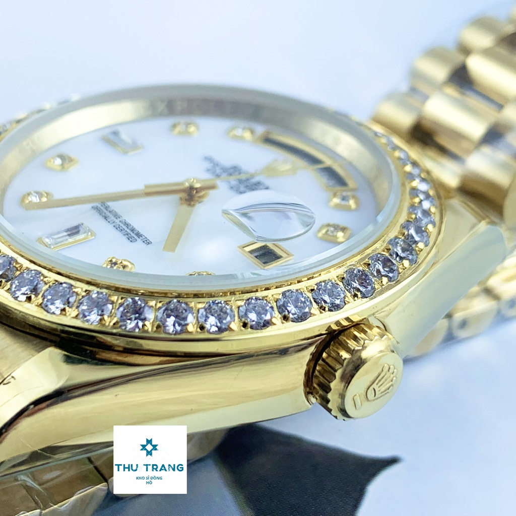 Đồng hồ nam Rolex đồng hồ cơ Automatic Rolex classic 2 lịch mặt KHẢM TRAI trắng viền đá size 40-41mm