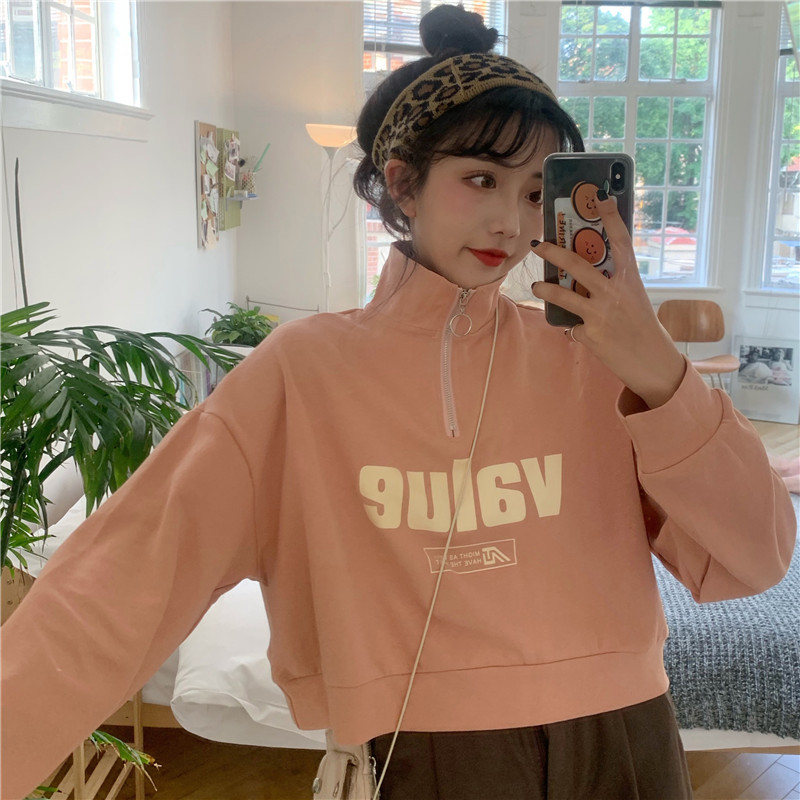 Áo hoodie ngắn tay dài cổ đứng có khóa kéo in chữ phong cách Hong Kong cho nữ
