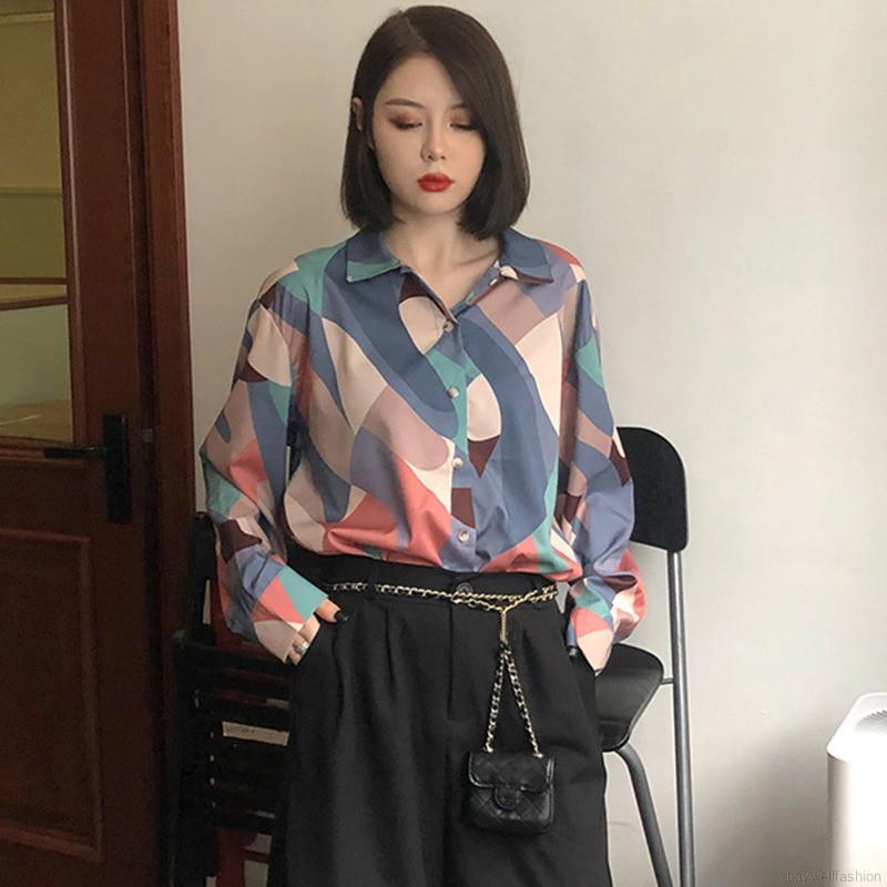 [Baywellfashion]Áo sơ mi chiffon dáng rộng dài tay in hình phong cách retro Hàn Quốc