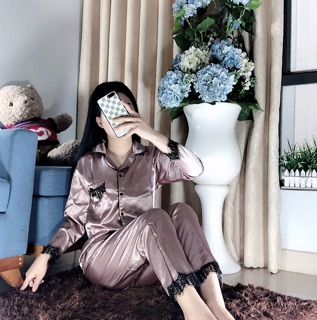 Bộ lụa phối ren tay dài quần dài