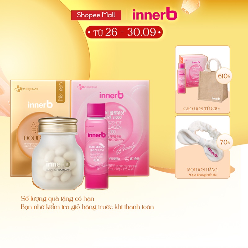 Combo nước uống Collagen InnerB (50mlx6) & AQUA RICH DOUBLEUP lọ 56 viên