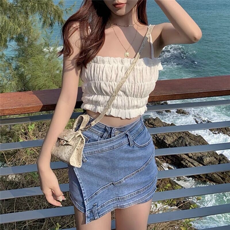 ÁO 2D CROP BO CHUN TRẮNG - AO0663