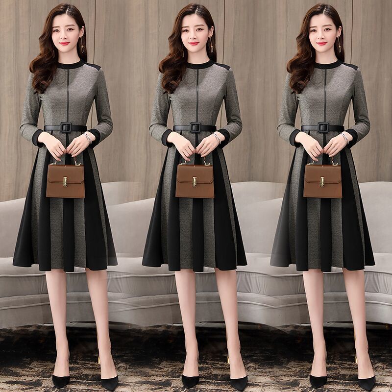 Váy Xếp Ly Mùa Thu Đông📣📣Đầm Dài Qua Gối Dáng Chữ A Tay Dài Chiết Eo Phong Cách Hàn Quốc Thời Trang Cho Nữ