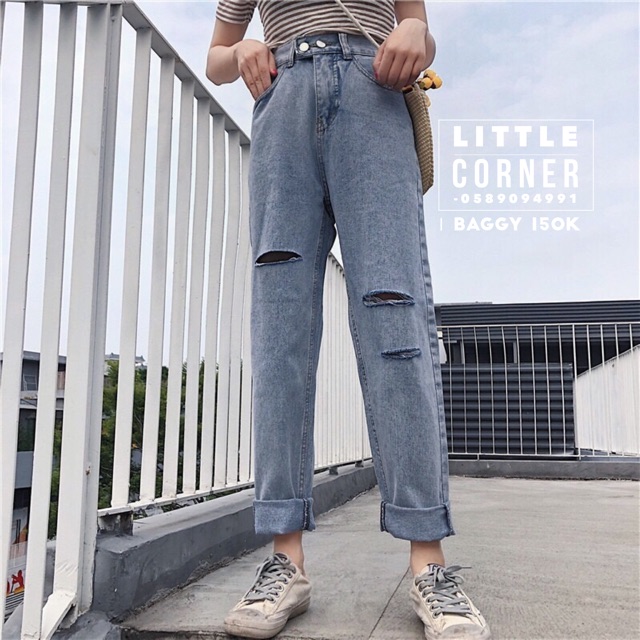 Quần slim baggy jeans hai nút đôi lưng thun rách gối ulzzang kèm ảnh thật