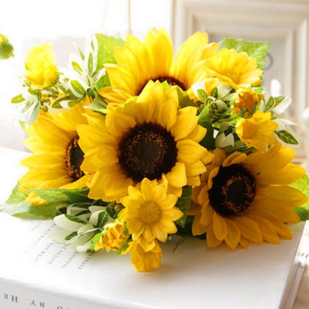 Bó Hoa Hướng Dương Giả 7 Bông Bằng Nhựa Màu Vàng Tươi Sáng Dùng Trang Trí