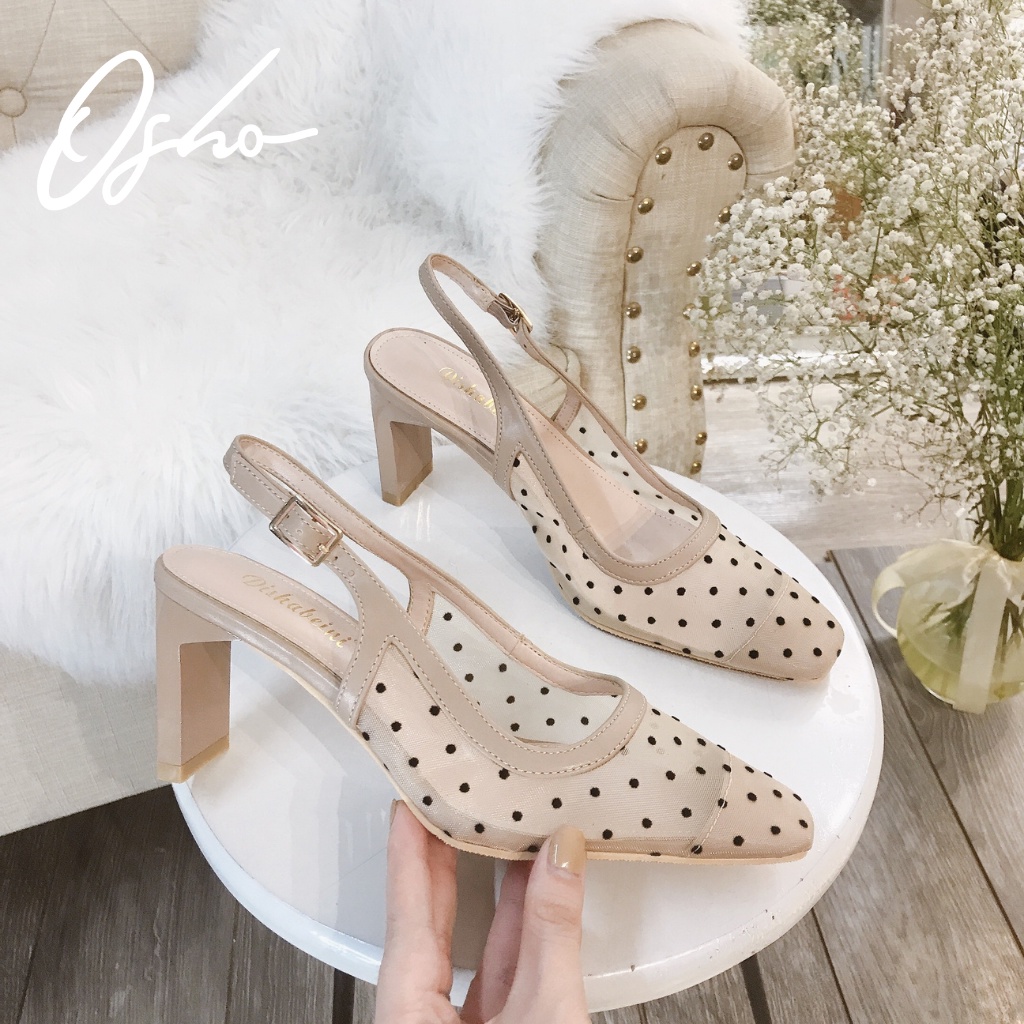 Giày Cao Gót Nữ Thời Trang OSHO Dáng Sandal Slingback, Mũi Tròn Gót Vuông, Họa Tiết Chấm Bi 2217-17