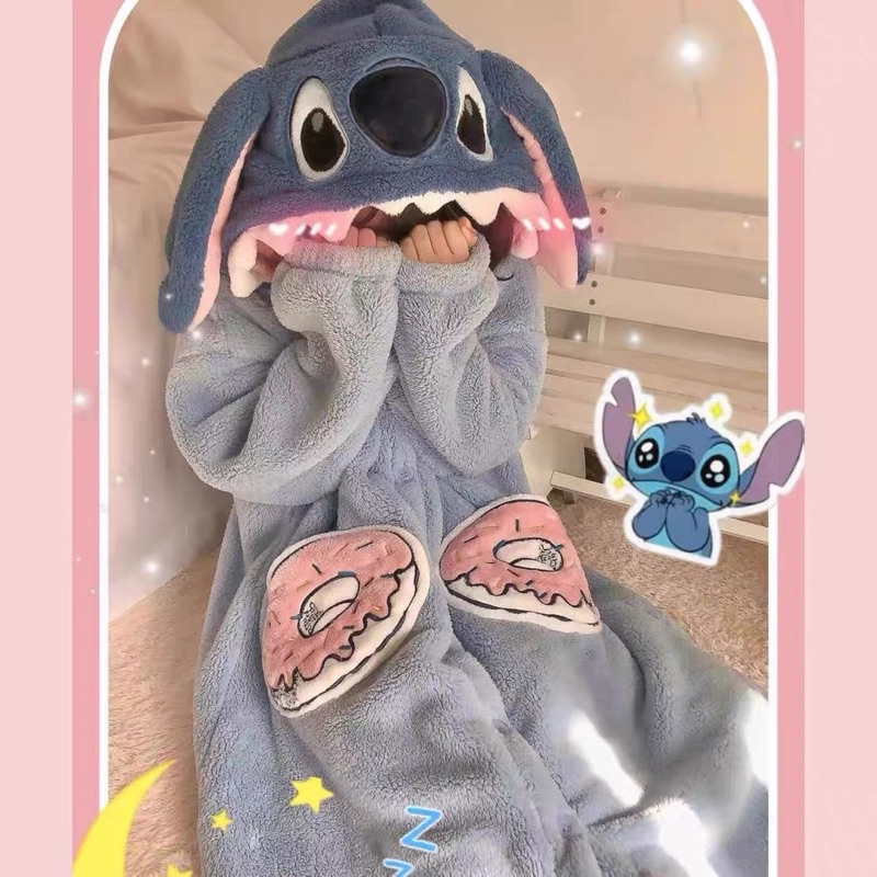 Sẵn) Váy ngủ bông xanh Stitch mũ 2 lớp cự dày dặn túi bánh donut phong cách ulzzang phù hợp mùa đông 2022