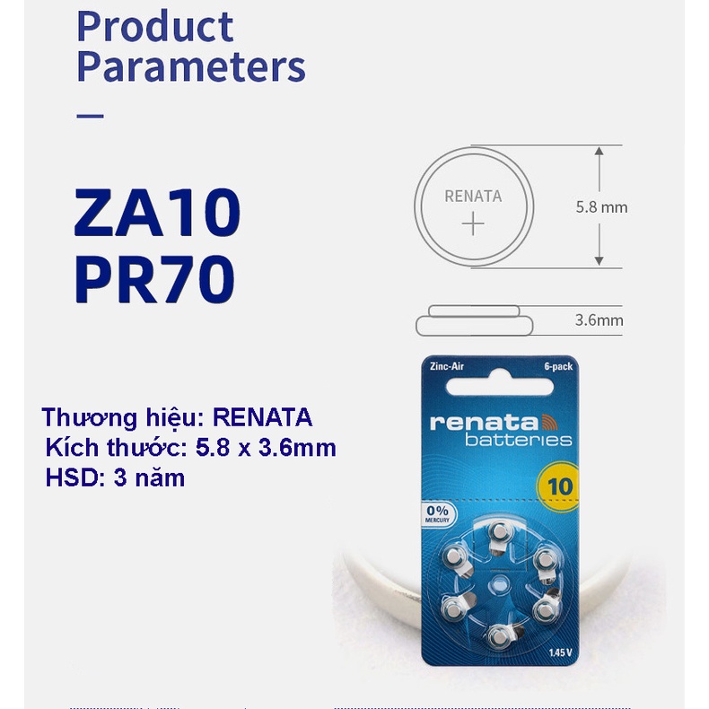 Pin Máy Trợ Thính RENATA Thụy Sỹ PR44-675 Chính Hãng Vỉ 6 Viên