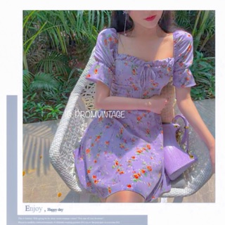 [Order 7-15 ngày] VÁY HOA NHÍ TIM TÍM TAY PHỒNG CỔ VUÔNG - VÁY HOA NHÍ ULLZANG VINTAGE HÀN QUỐC GIÁ RẺ