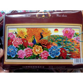 Tranh thêu chữ thập phong cảnh chim công thêu kín 110*50cm