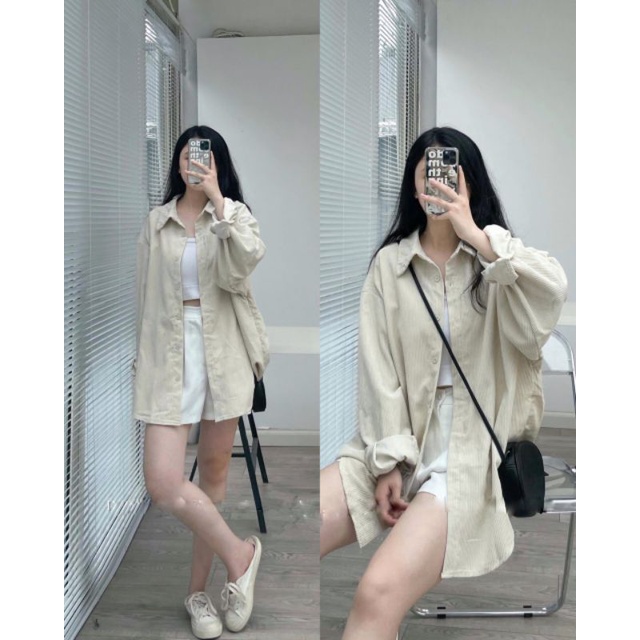 Áo Sơ Mi Tay Dài Chất Nhung Tăm Form Rộng Ulzzang Hàn Quốc