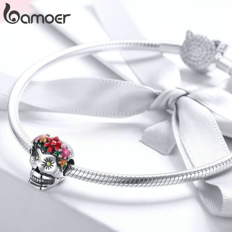 Hạt xỏ vòng tay Bamoer bằng bạc 925 hình đầu lâu phối hoa nhiều màu sắc sáng tạo