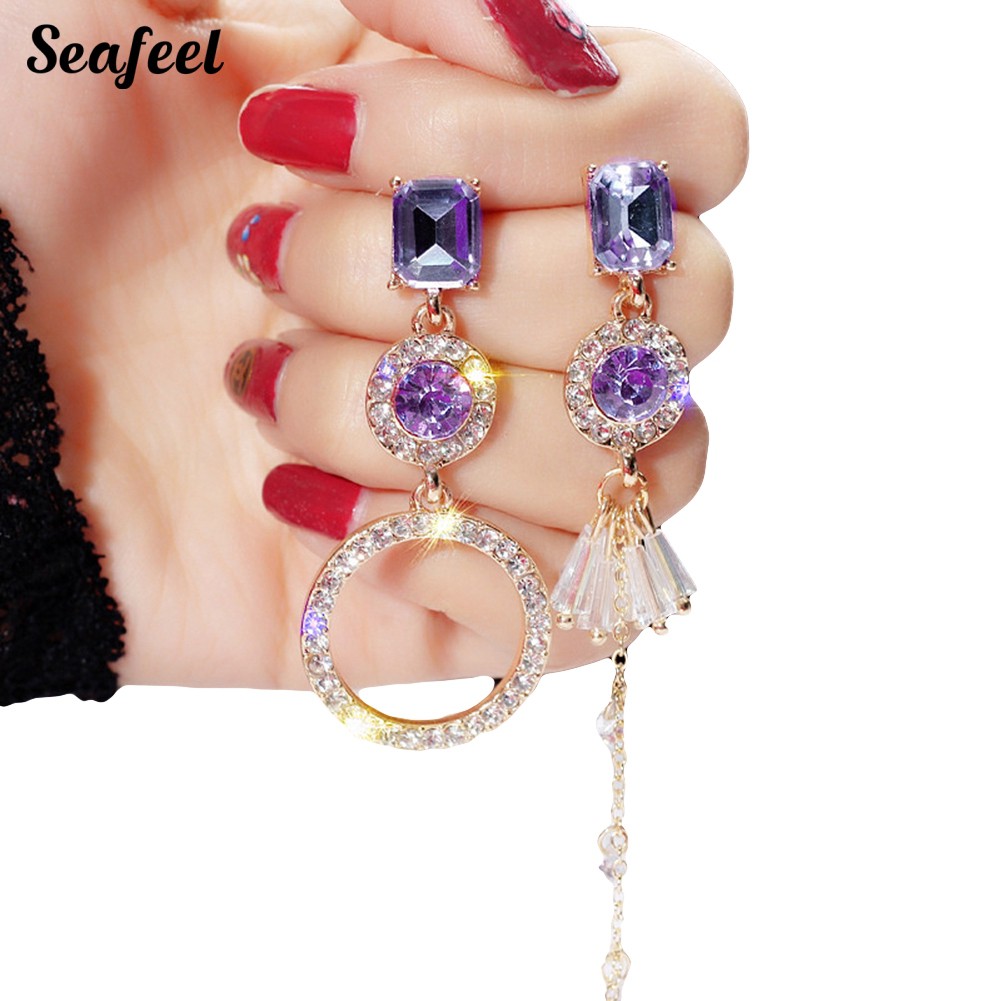 SF Rhinestone Geometric Circle  Dangle Long Asymmetric Stud Earrings Jewelry