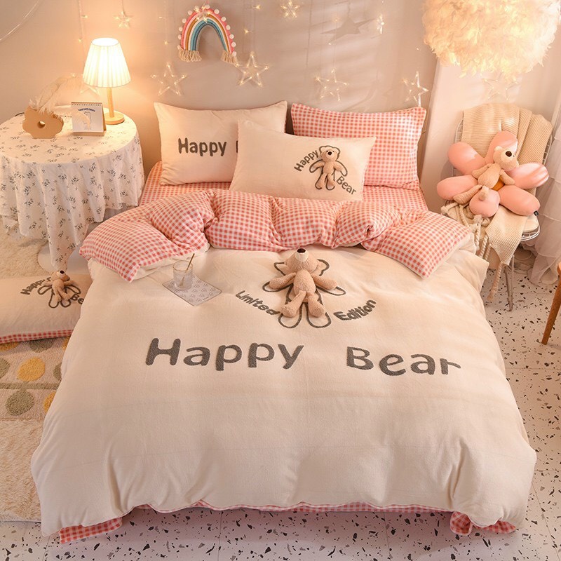 Set 4 món nỉ nhung gấu Happy Bear siêu cấp mềm mịn - Hàng nhập khẩu