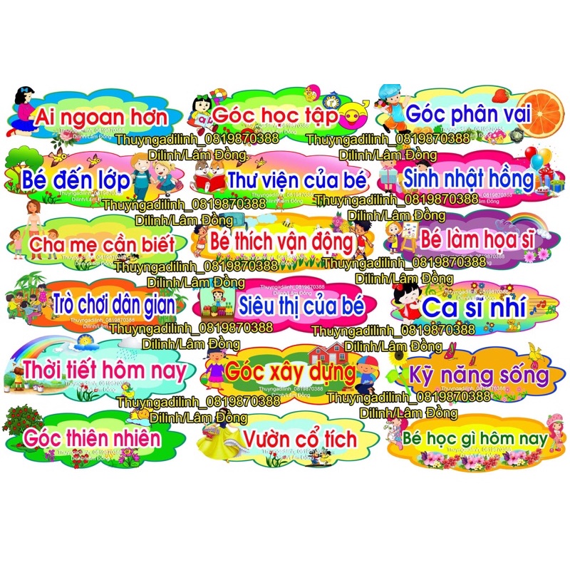 Bộ 18 tên góc in màu ép plastic mầm non