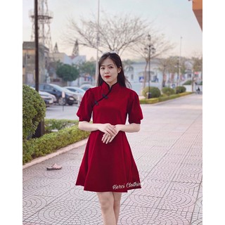 VÁY NHUNG ĐỎ CỔ TÀU ĐÓN TẾT TAY BỒNG