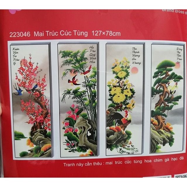 Tranh Thêu Chữ Thập TỨ QUÝ TÙNG CÚC TRÚC MAI. Kích Thước: 1m27 x 78cm