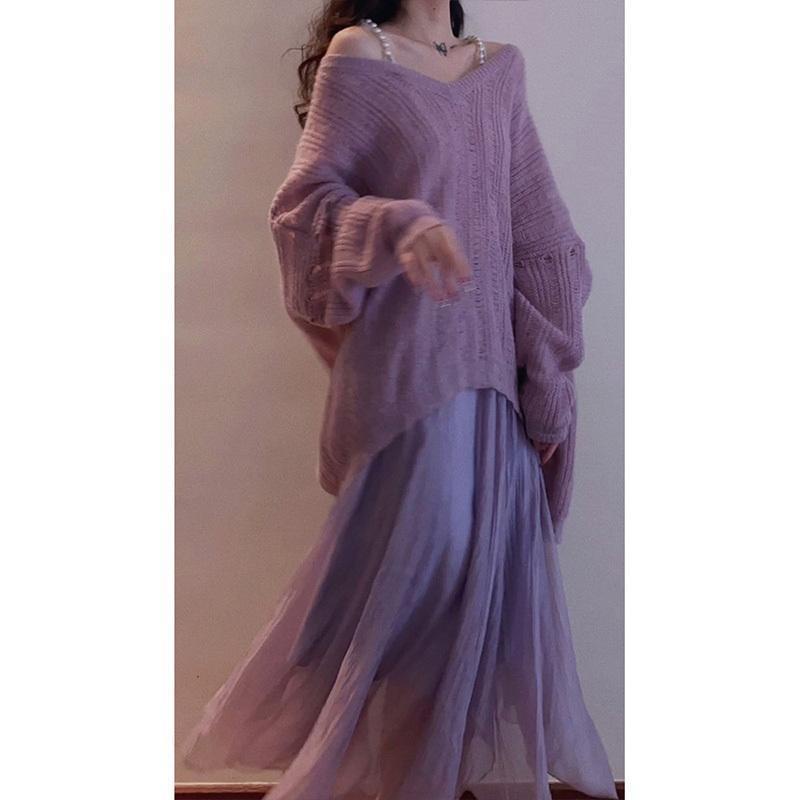 Bộ Áo sweater Hoa Chuông + Chân Váy Màu Tím Phong Cách Pháp Thời Trang Mùa Thu Cao Cấp Cho Nữ