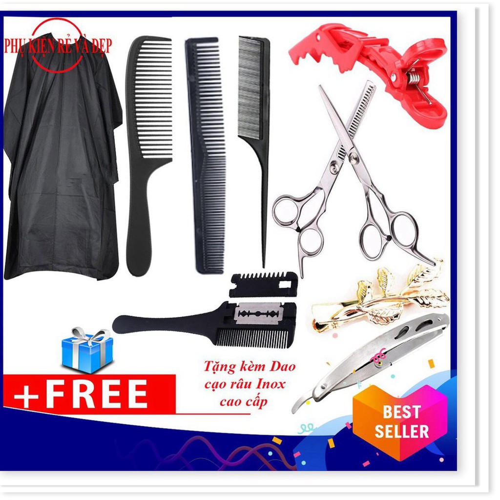 Combo 10 món - Bộ Kéo cắt tóc và tỉa tóc + 3 lược + Áo choàng + Dao cạo + Lược tỉa tóc + 2 loại Kẹp tóc