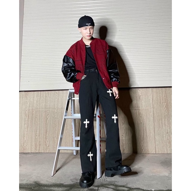 Quần Jeans chữ thập Nam phong cách Hàn Quốc Streetwear cá tính