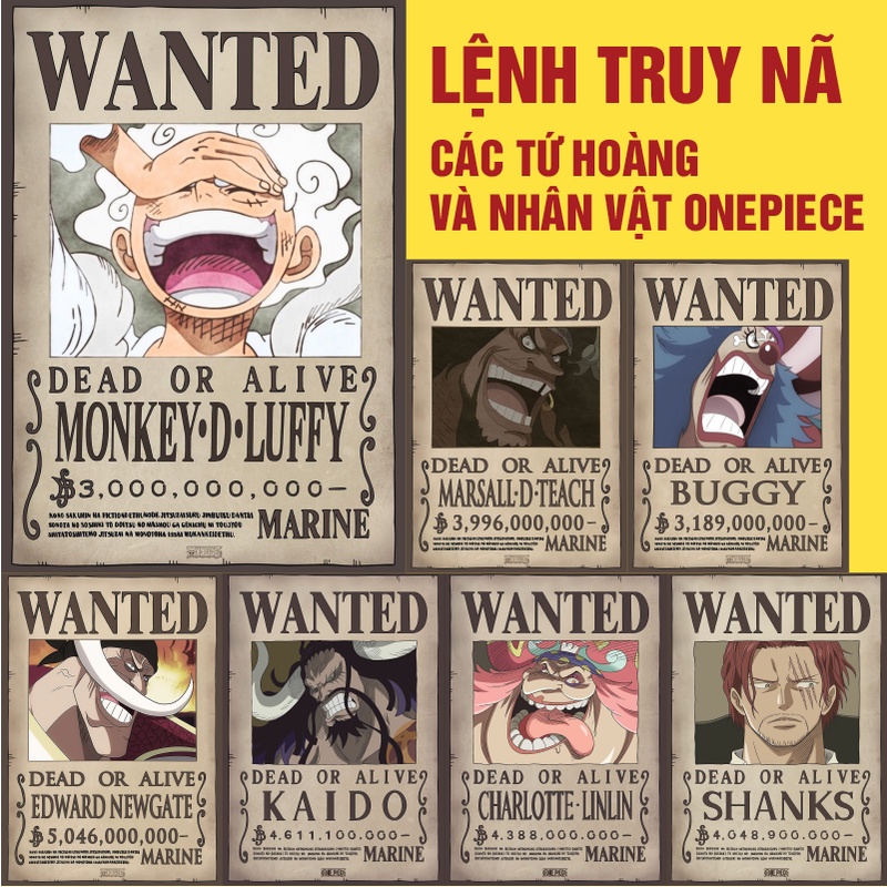 Lệnh truy nã luffy gear 5, kid và law 3 tỷ beri, băng hải tặc mũ rơm onepiece, model thần nika decan sẵn keo lột dán