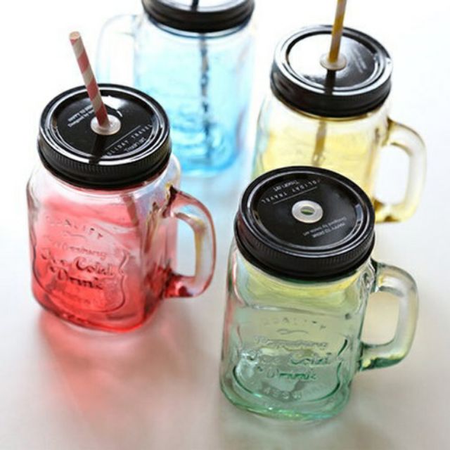 Combo 4 bình thủy tinh có ống hút